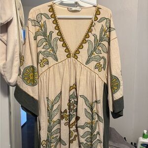 Zara Cream and Green Floral Dress